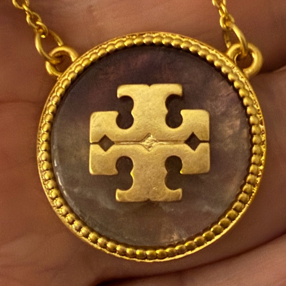 Final sale Tory Burch vintage gold purple semiprecious stone logo necklace - Picture 5 of 7